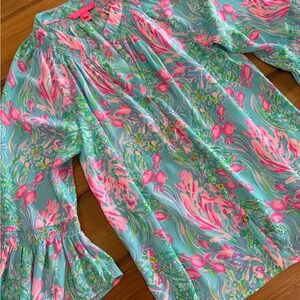 Lilly Pulitzer Teal, Pink & Green Floral Smocked Blouse